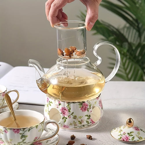 1 Set Of 21 Ceramic Tea Sets, Including A Glass Pot, A Base, Six Cups, Six Coasters, Six Spoons And A Metal Holder, Flower Tea Set, Glass Flower Teapot, Afternoon Tea Set, Family Restaurant Hotel Party, Tea Accessories, Gifts For Friends