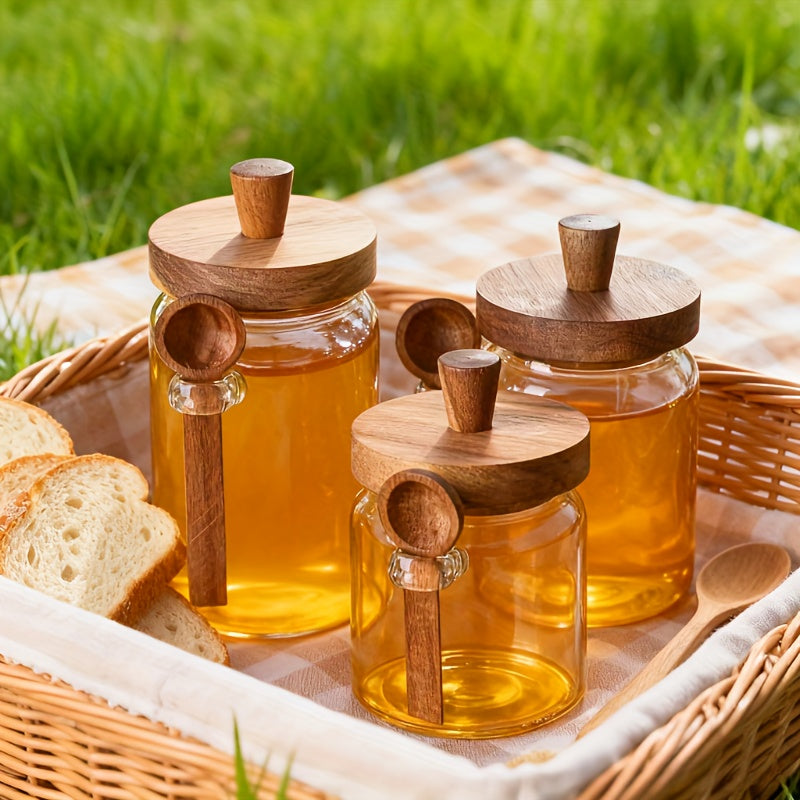Airtight 3pcs Glass Canister with Spoon- Leak-Proof Storage Jars to Organize Your Kitchen for Coffee, Flour, Snacks, Te, Glass Jars with Dark Brown Lids, Round Canisters for Pantry Organization, Durable Multi-Purpose Display