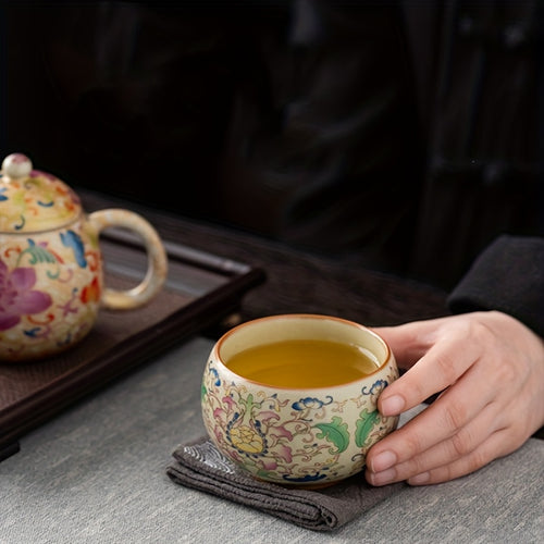 1pc Set Of 4.5-inch Light Luxury Tea Set, Single Item Enamel Full Color Yellow Ru Kiln Master Cup, Retro High-end Tea Cup, Tea Bowl, Light Luxury Gift Box, Business Companion Gift, Opening For Maintenance