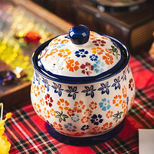 1pc Hand-Painted Ceramic Storage Jar with Sealing Ring Lid - Dishwasher Safe Round Jar Suitable for Kitchen & Dining Table Decor, Reusable Airtight Container for Spices, Tea, Sugar, Dry Preservation, Multi-Purpose for Use