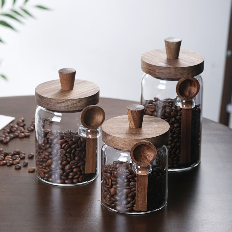 Airtight 3pcs Glass Canister with Spoon- Leak-Proof Storage Jars to Organize Your Kitchen for Coffee, Flour, Snacks, Te, Glass Jars with Dark Brown Lids, Round Canisters for Pantry Organization, Durable Multi-Purpose Display