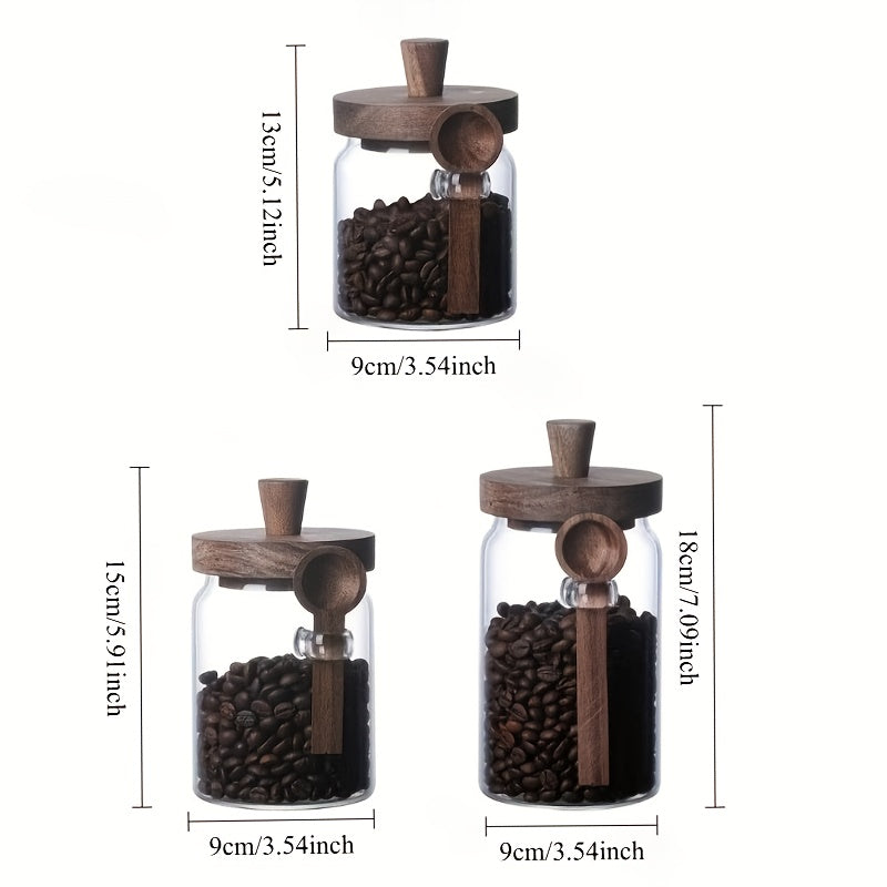 Airtight 3pcs Glass Canister with Spoon- Leak-Proof Storage Jars to Organize Your Kitchen for Coffee, Flour, Snacks, Te, Glass Jars with Dark Brown Lids, Round Canisters for Pantry Organization, Durable Multi-Purpose Display