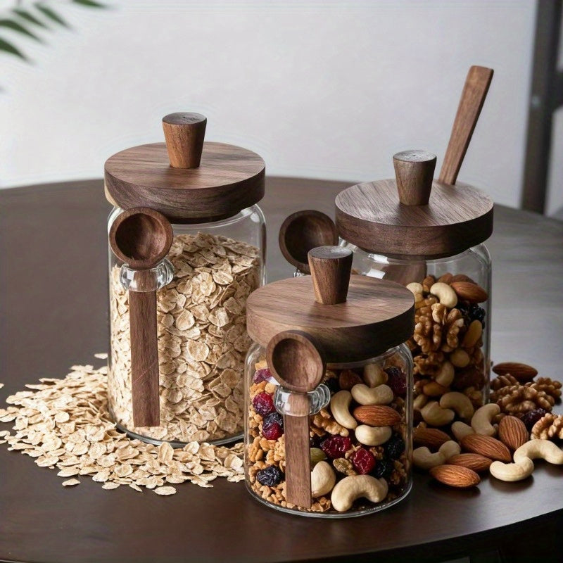 Airtight 3pcs Glass Canister with Spoon- Leak-Proof Storage Jars to Organize Your Kitchen for Coffee, Flour, Snacks, Te, Glass Jars with Dark Brown Lids, Round Canisters for Pantry Organization, Durable Multi-Purpose Display